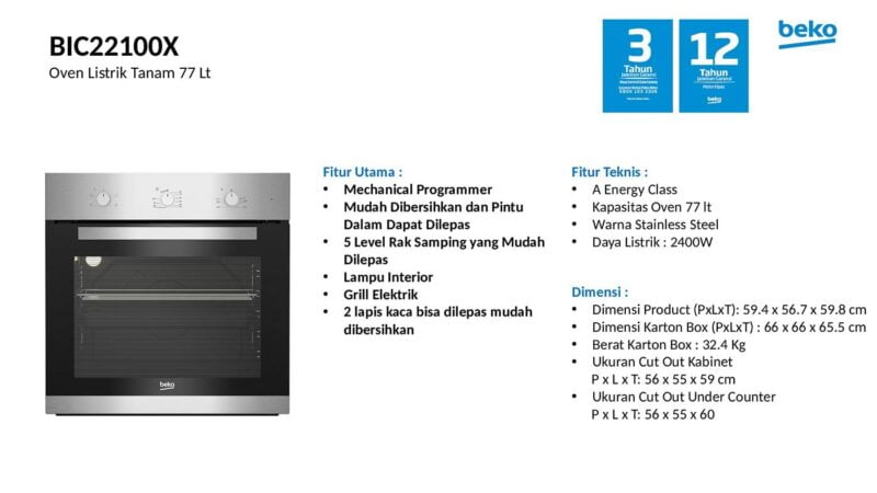 Beko electric oven built-in 77l stainless bic22100x