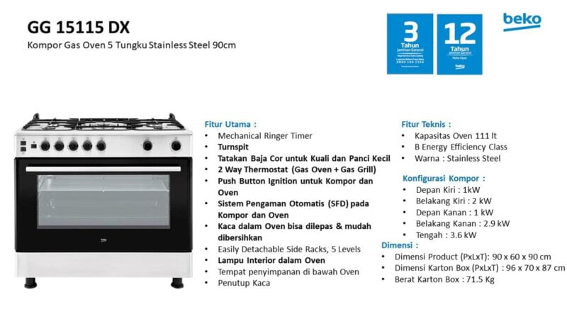 Beko gas cooker stainless gg 15115 dx 2