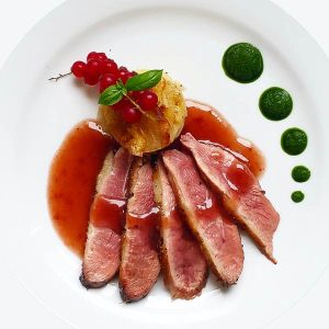 A photo of sous-vide confit duck breasts (2pcs) + sauce by chef camille, a delicious recipe for duck meat