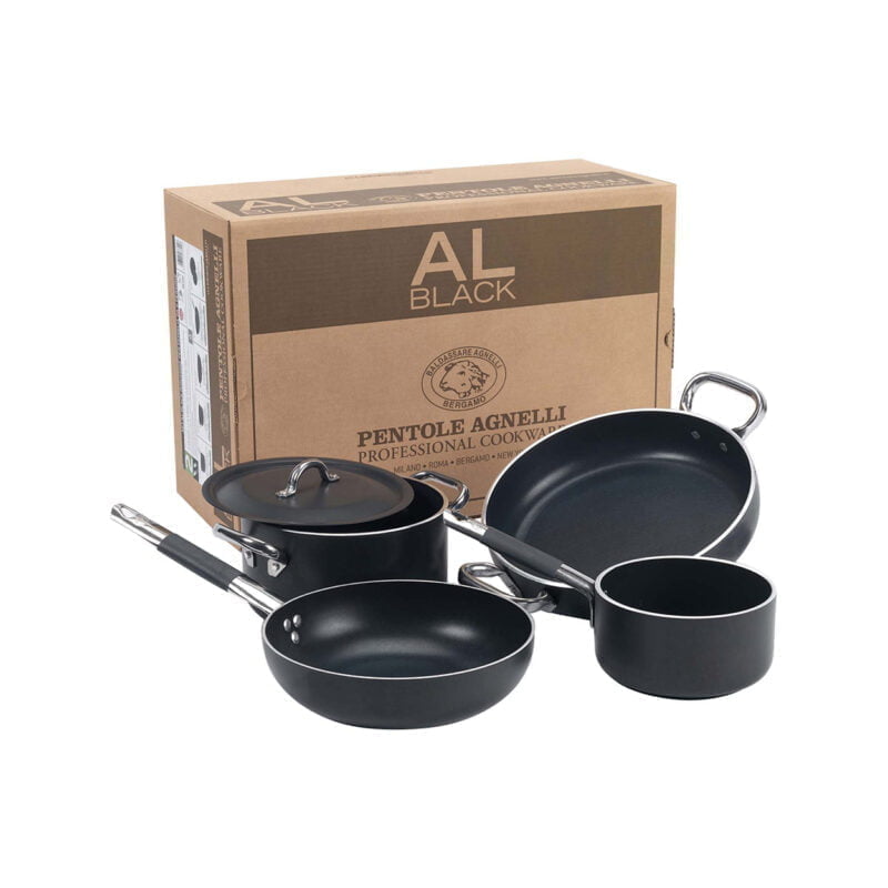 Alblack cookware set - pentole agnelli set for family of 2 persons alblack - sauce pan, flare saute pan, high casserole, pan with 2 handles