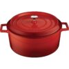 Lava round casserole 28cm red - lava "round casserole" diameter : 28 cm. Material / finishing: enamelled cast iron 3 coat, 2 fire, red colour