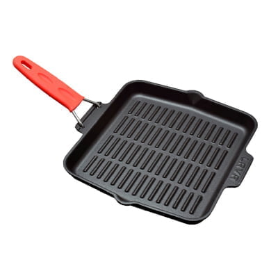 Square cast iron pan - "griddle pan" square cast iron 24x24cm. External, silicon, s. S wire handle. Enamel 1 coat, 1 fire
