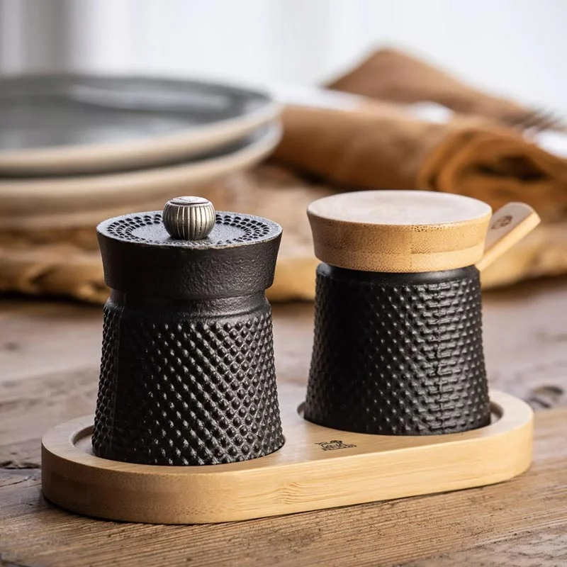 - peugeot pepper mill, salt dispenser, tray black cast iron and wood size: 8 cm